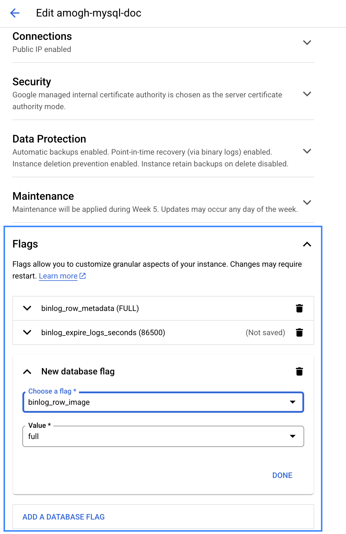 Setting binlog flags in GCP - Zoomed